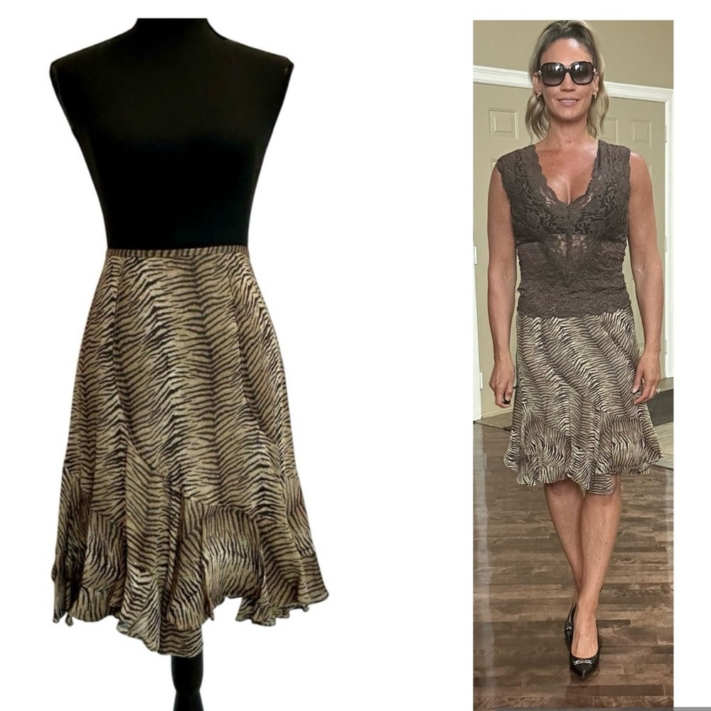 Liz Claiborne brown zebra animal print asymmetrical handkerchief hemline skirt 8